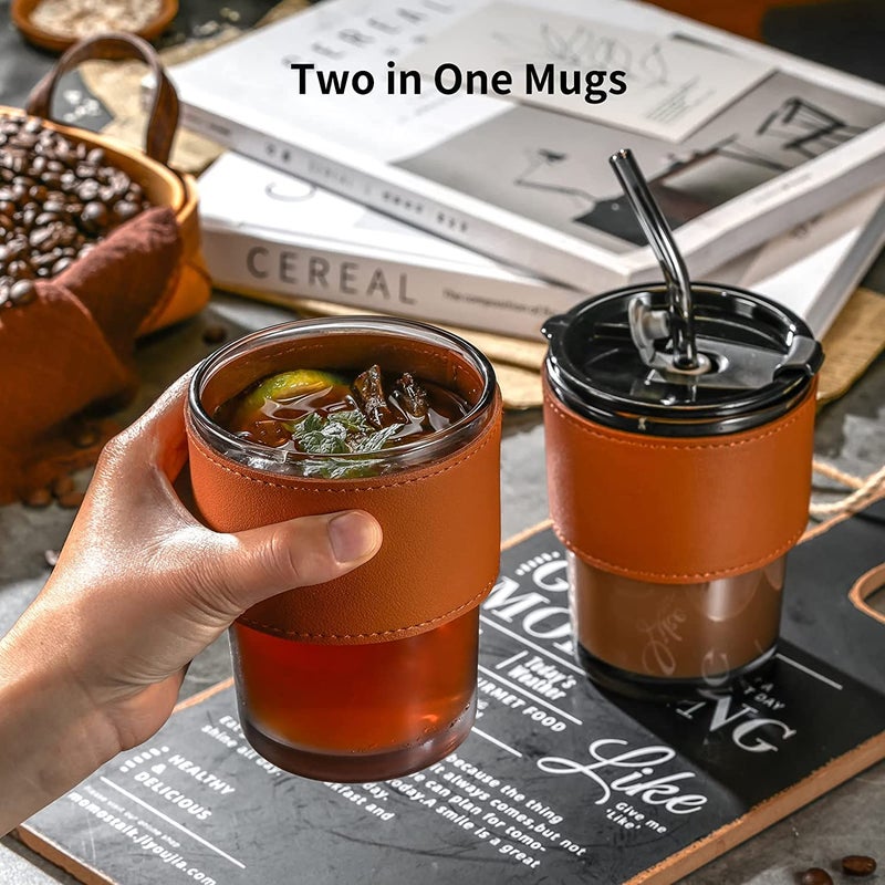 KELVEE Glass Reusable Sipper Bottle with Leather Sleeve Glass Coffee Mug with Silicone Straw and Leakproof Lid Tumbler for Coffee,Tea, Milk Beverages 435ml… - Image 2
