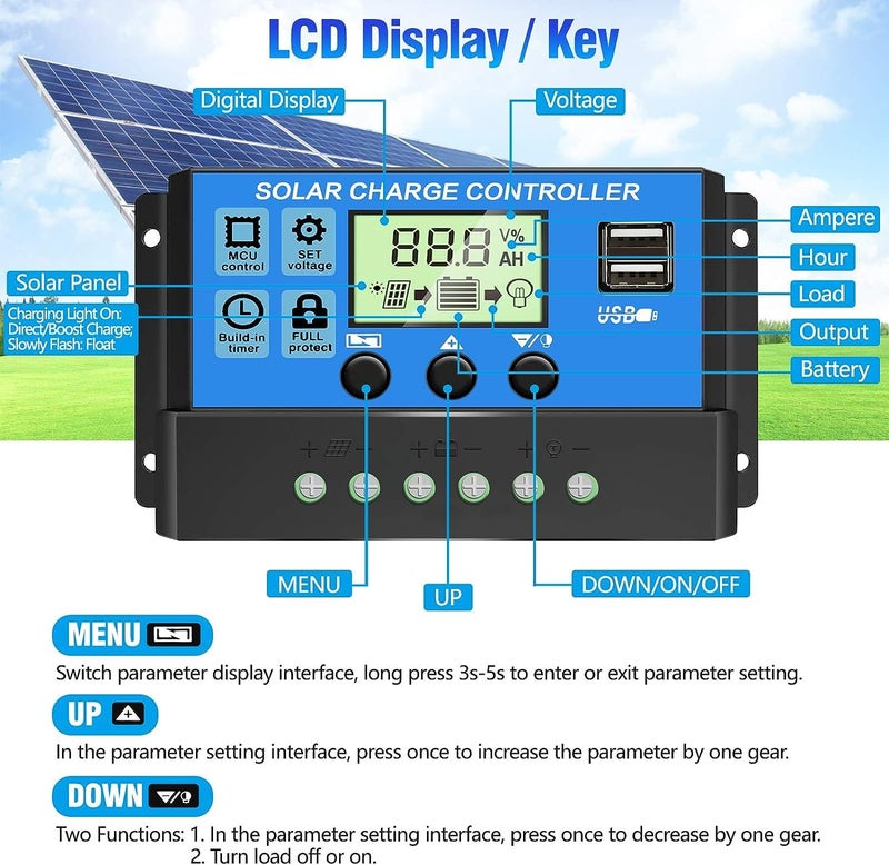 Depvko [Upgraded] 30A Solar Charge Controller, 12V/ 24V Solar Panel Regulator with Adjustable LCD Display Dual USB Port Timer Setting PWM Auto Parameter - Image 4
