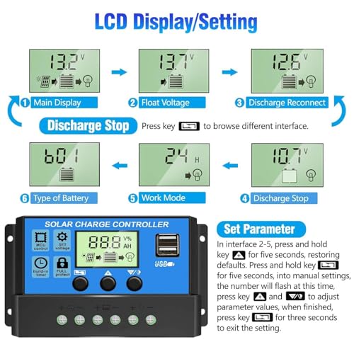Depvko [Upgraded] 30A Solar Charge Controller, 12V/ 24V Solar Panel Regulator with Adjustable LCD Display Dual USB Port Timer Setting PWM Auto Parameter - Image 3