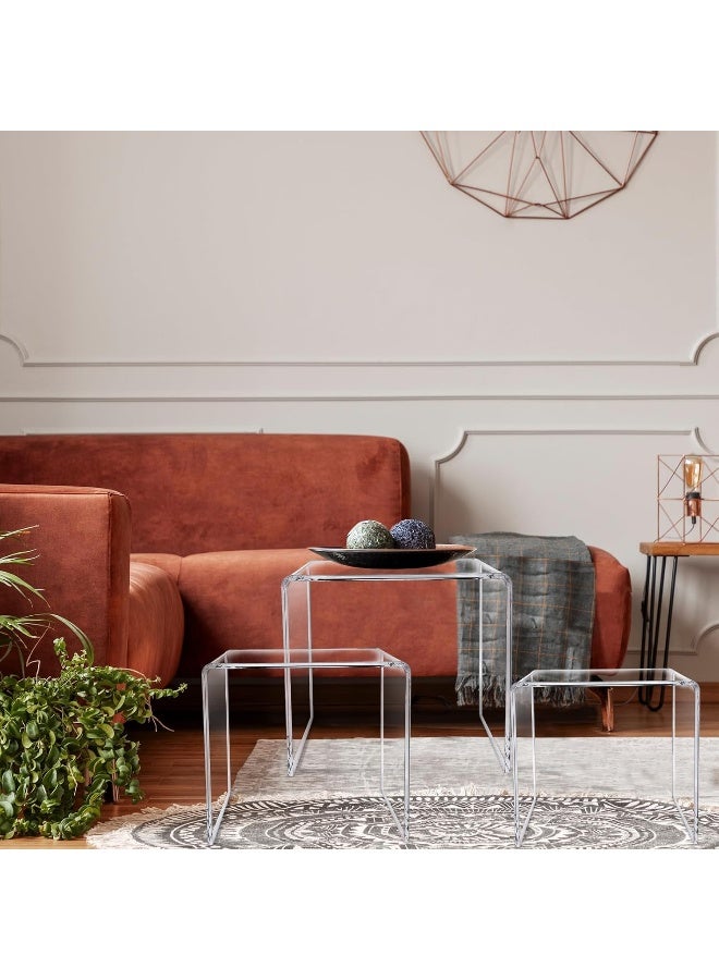 TPGP Set of 3 Nesting Tables Transparent Acrylic Side Table Modern Coffee Clear Desk with round corner Rectangle Clear Nightstand and Stool for Living Room Bedroom Home Office - Image 5