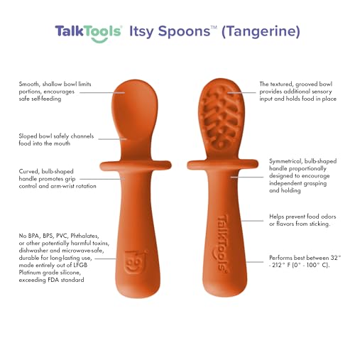 TalkTools ITSY Tiny Silicone Spoons – Twin Pack Soft Silicone Self-Feeding Training Spoons for Kids & Toddlers, Anti-Choking Flange Guard and Non-Slip Handle (Tangerine) - Image 2