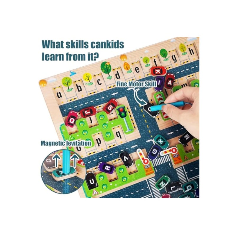 SOLARAE لعبة متاهة حروف الأبجدية المغناطيسية، لوحة نشاط أحجية خشبية، ألعاب مهارات الحركة الدقيقة مونتيسوري، ألعاب تعليمية لأنشطة التعلم في مرحلة ما قبل المدرسة، ألعاب مهارات الحركة الدقيقة للأطفال الصغار للأولاد والبنات - Image 2