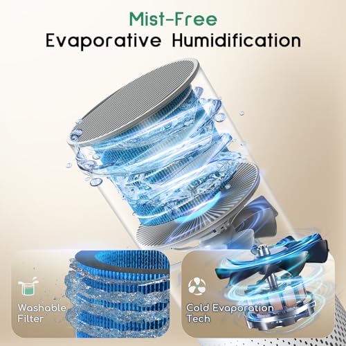 Afloia Humidifier and Air Purifier in One, 3-Stage Filter Cleaner Evaporatively Humidify Combo Remove Pets Dust Dander Hair Allergy Pollen Smoke Smell for Home Bedroom Large Room, 24dB Quiet - Image 3