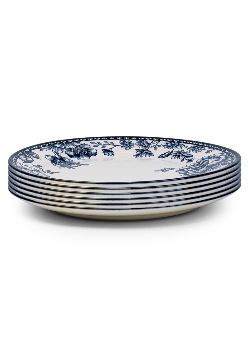 Claytan Rhapsody 10.5-Inch Dark Blue Floral Pattern Ceramic Dinner Plate, White - Set of 6 - Image 1