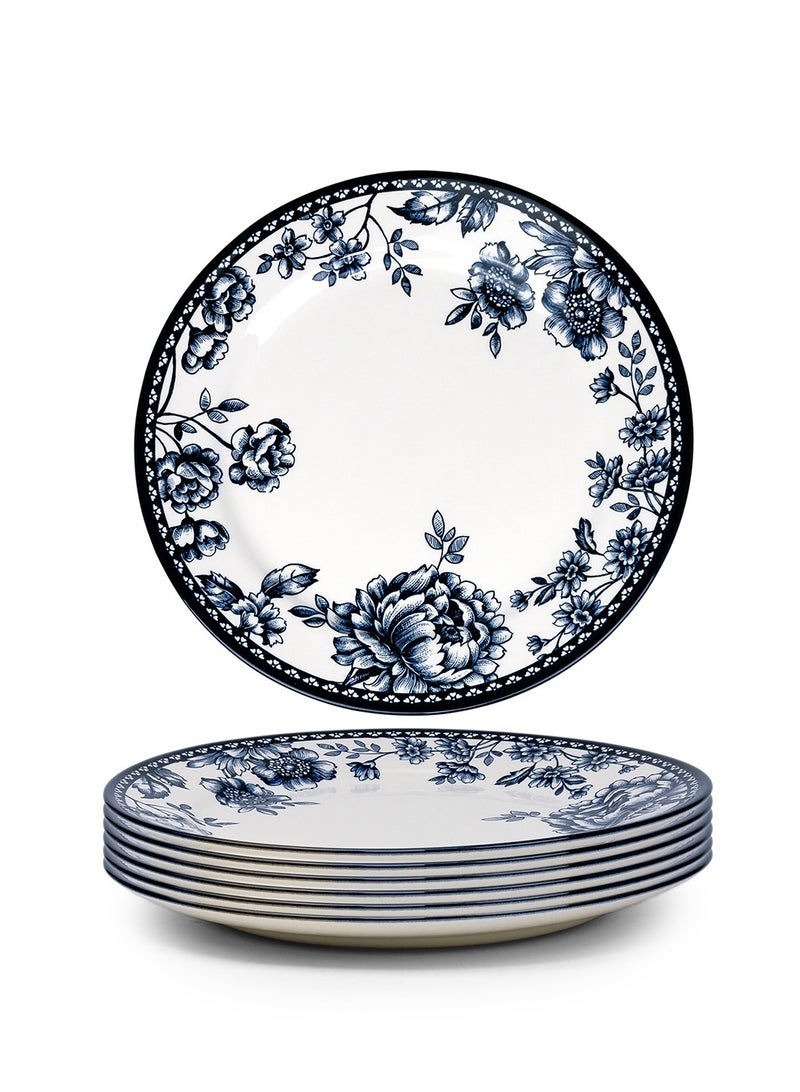Claytan Rhapsody 10.5-Inch Dark Blue Floral Pattern Ceramic Dinner Plate, White - Set of 6 - Image 2