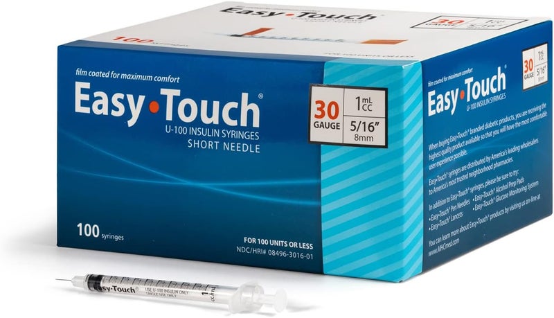 EasyTouch U-100 Insulin Syringe with Needle, 30G 1cc 5/16-Inch (8mm), Box of 100 - Image 1