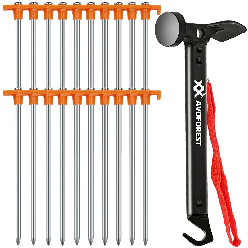 AVOFOREST 20 Pcs Tent Stakes with Camping Hammers,Avoforest 7.1 Inch Non-Rust Metal Tent Pegs + Portable Tent Stakes Hammers Ground Stakes and Tent Accessories Camping with Storage Bag,Garden,Hiking - Image 1