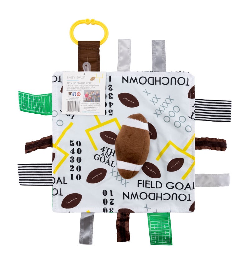 The Learning Lovey Baby Jack Co 10x10 Football Sports Lovey Sensory Plush Blanket Tag Toys for Babies Baby Stroller Toys Learn Shapes Letters Colors MVP Baby Ball Toy Baby Sports Gift