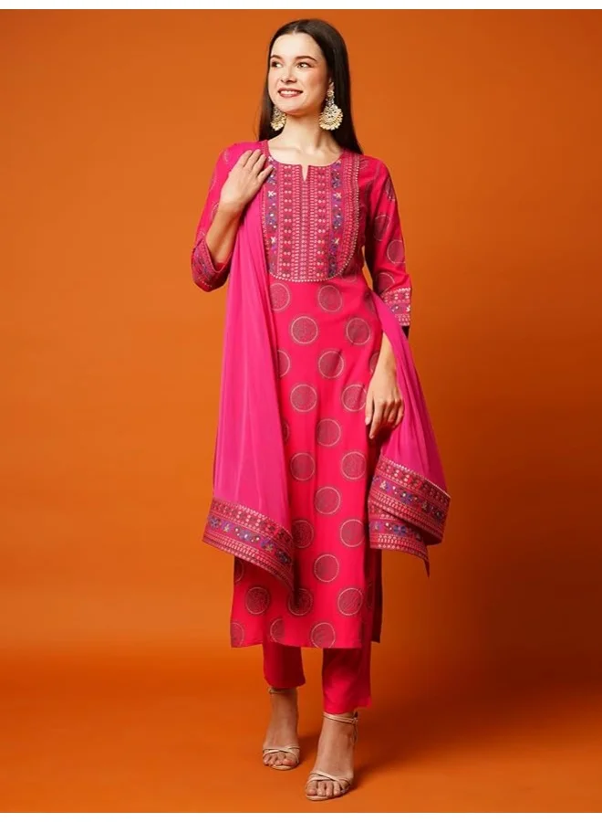 GoSriKi  GoSriKi Women's Cotton Blend Printed Straight Kurta with Pant & Dupatta (NOV-PINK-Nw-GS_L_Pink_Large) for Women | Best Price UAE