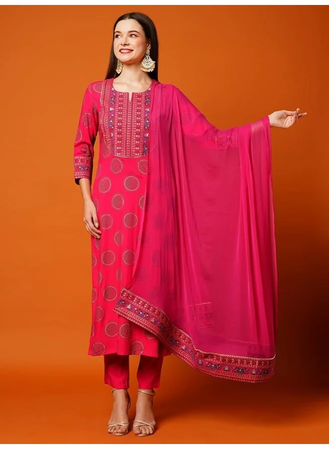 GoSriKi  GoSriKi Women's Cotton Blend Printed Straight Kurta with Pant & Dupatta (NOV-PINK-Nw-GS_L_Pink_Large) for Women | Best Price UAE