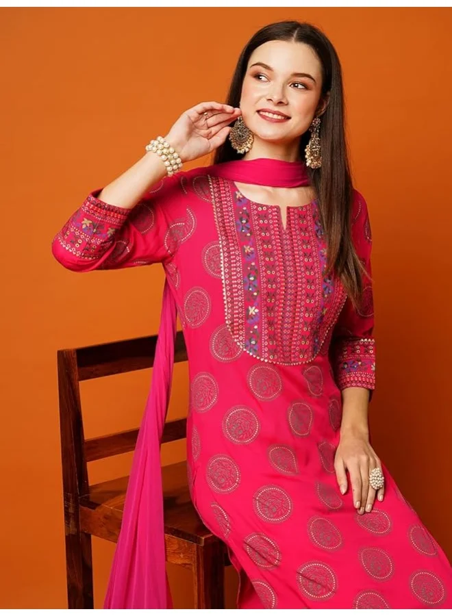 GoSriKi  GoSriKi Women's Cotton Blend Printed Straight Kurta with Pant & Dupatta (NOV-PINK-Nw-GS_L_Pink_Large) for Women | Best Price UAE