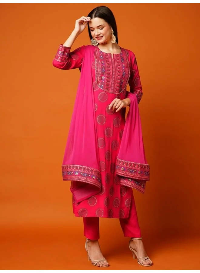 جو سريكي مزيج قطن نسائي من GoSriKi مطبوع باللون النقي المطبوع مع بنطال ودوباتا (NOV-PINK-NW-GS_L_Pink_Large)