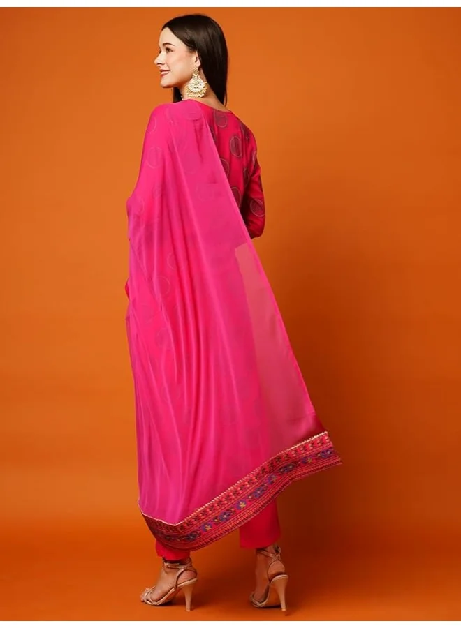 جو سريكي مزيج قطن نسائي من GoSriKi مطبوع باللون النقي المطبوع مع بنطال ودوباتا (NOV-PINK-NW-GS_L_Pink_Large)