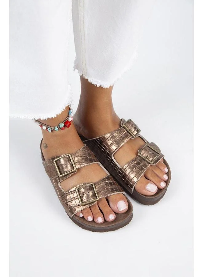 Manijero  Anjelic Croco Women's Genuine Leather Double-Buckle Copper Sandals for Women | Best Price UAE