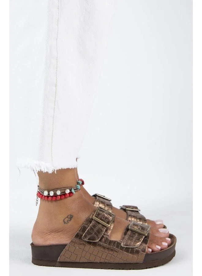 Manijero  Anjelic Croco Women's Genuine Leather Double-Buckle Copper Sandals for Women | Best Price UAE