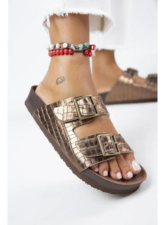 Anjelic Croco Women's Genuine Leather Double-Buckle Copper Sandals
