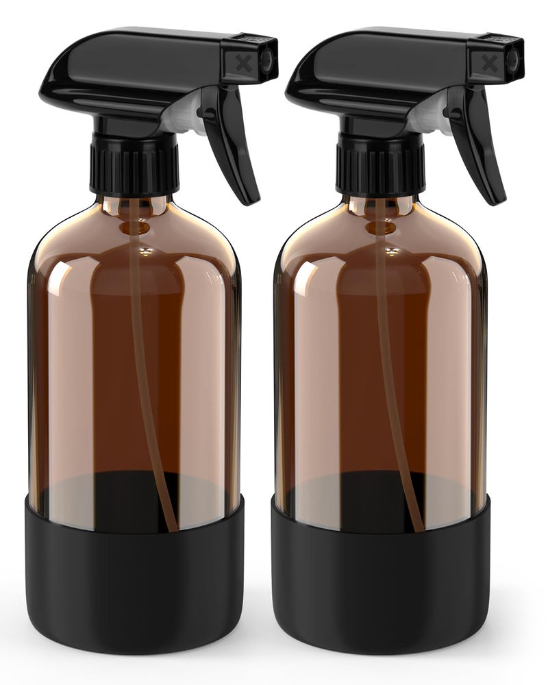 Bontip Glass Spray Bottle with Silicone Sleeve Protection, Amber Glass Spray Bottle Set for Window Cleaner Aromatherapy Facial Hydration Watering Flowers Hair Care 2 Pack/16 oz (Black) - Image 1