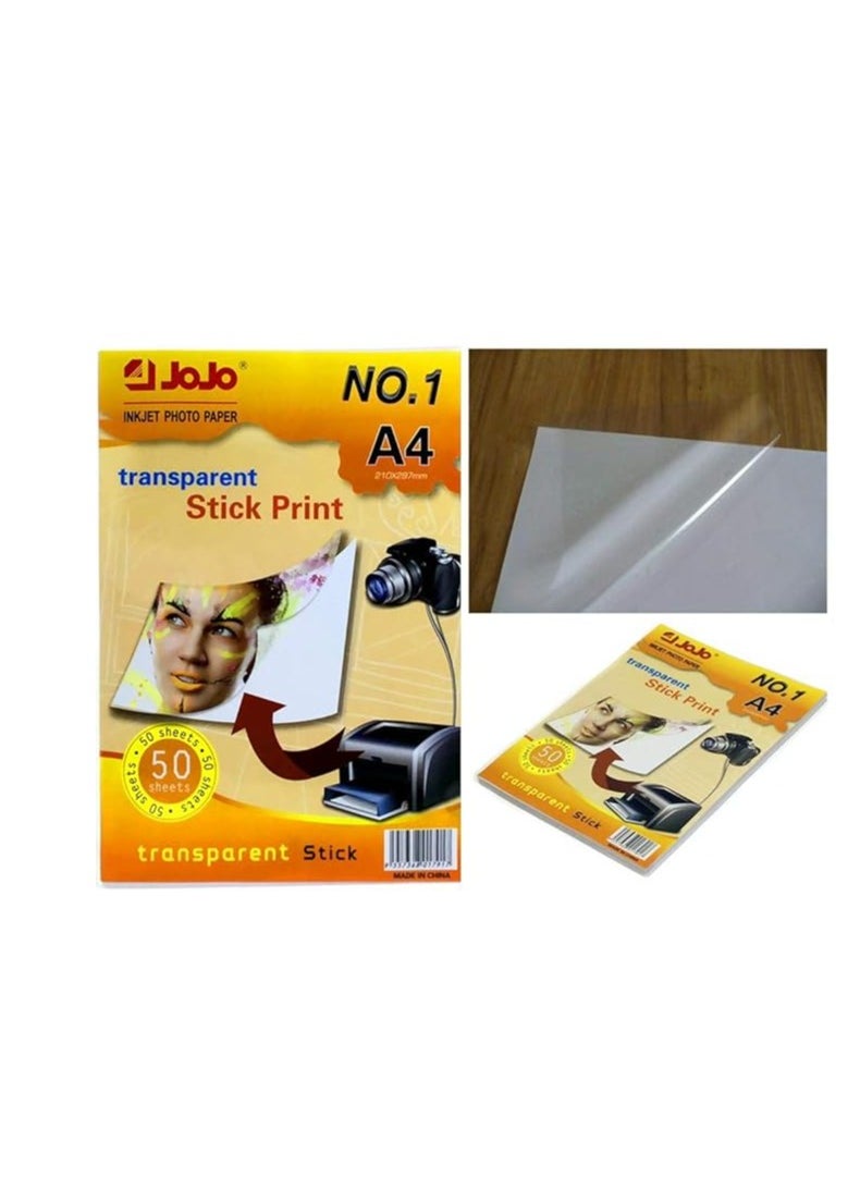 JOJO - Jojo Transparency Clear High Glossy A4 Sticker Labels Synthetic Paper Label Inkjet Clear Label Sheets for Inkjet Printer- 50 sheets Pack - Image 1