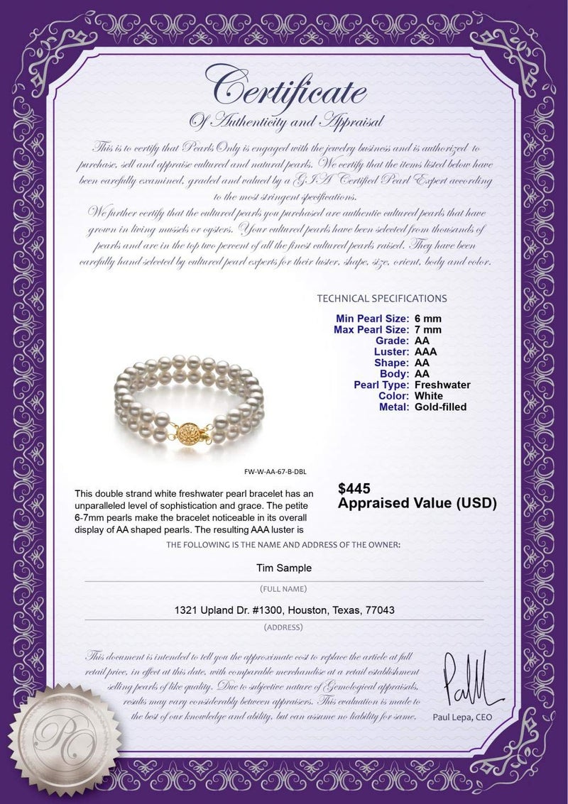 PearlsOnly Lola White 6-7mm Double Strand AA Quality Freshwater Gold filled Cultured Pearl Bracelet For Women-7 in length - Image 4