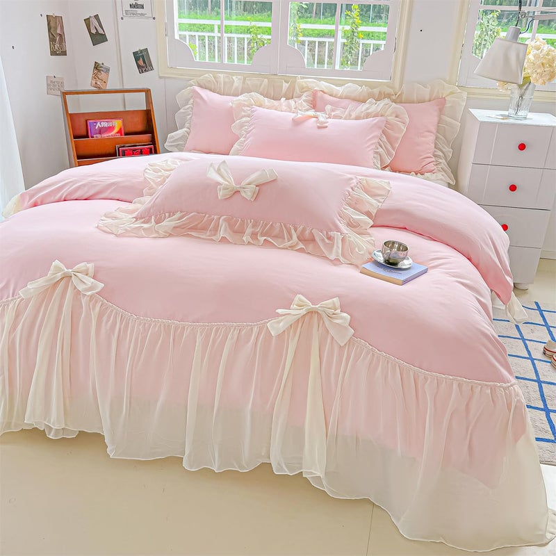 SOUKECHY Chic Lace Bedding,Girls Twin Aesthetic Comforter Cover Set,Romantic French Princess Style Ruffled Duvet Cover with Lovely Bow with Zipper Closure-Pink,Twin Size - Image 2