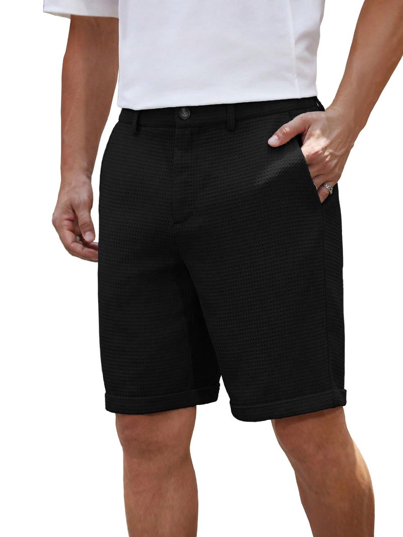 TAGDO Men's Woven Solid Color Short Mid-Rise Straight Leg Shorts (Shorts-Waffle-2027-Black-XXL) - Image 5