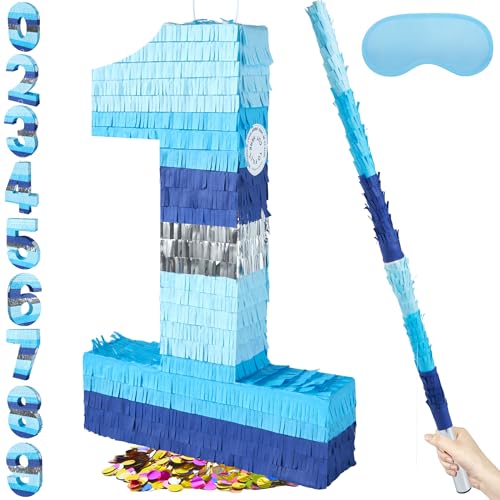 PCFING 20 Inch Number 1 Piata Blue Silver with 30 Inch Piata Stick Blindfold Confetti for Boys Girls Adults Birthday Party Decorations Anniversary Celebration Fiesta - Image 1
