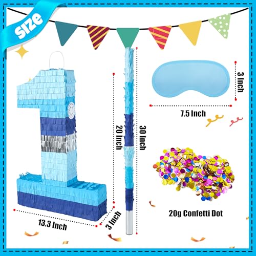 PCFING 20 Inch Number 1 Piata Blue Silver with 30 Inch Piata Stick Blindfold Confetti for Boys Girls Adults Birthday Party Decorations Anniversary Celebration Fiesta - Image 5
