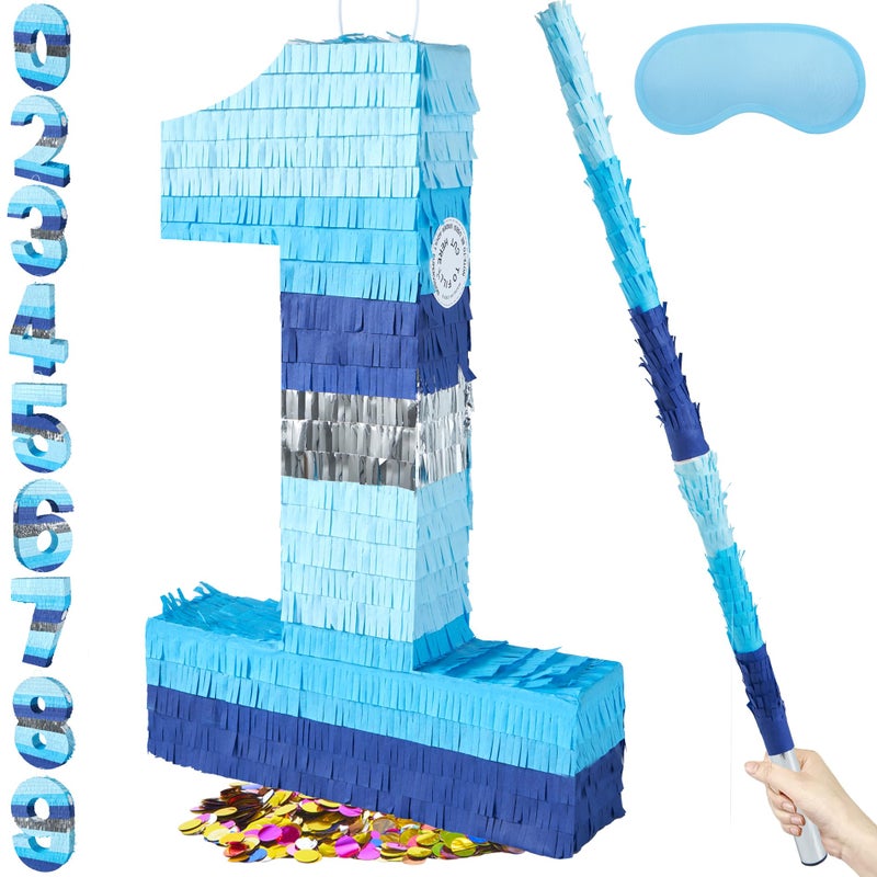 PCFING 20 Inch Number 1 Piata Blue Silver with 30 Inch Piata Stick Blindfold Confetti for Boys Girls Adults Birthday Party Decorations Anniversary Celebration Fiesta - Image 3
