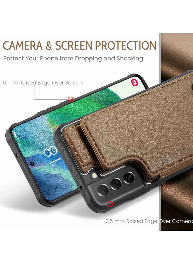 CaseMe Wallet Case for Samsung Galaxy S21 FE, Premium Handmade Durable PU Leather Slim Shockproof Case with [Double Magnetic Clasp] [Card Holder] [Kickstand] [RFID Blocking] (Brown)  - Image 3