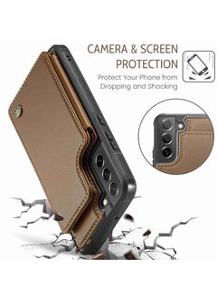CaseMe Wallet Case for Samsung Galaxy S21 FE, Premium Handmade Durable PU Leather Slim Shockproof Case with [Double Magnetic Clasp] [Card Holder] [Kickstand] [RFID Blocking] (Brown)  - Image 5