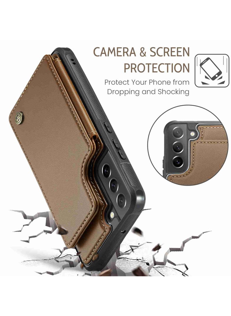 CaseMe Wallet Case for Samsung Galaxy S21 FE, Premium Handmade Durable PU Leather Slim Shockproof Case with [Double Magnetic Clasp] [Card Holder] [Kickstand] [RFID Blocking] (Brown)  - Image 5