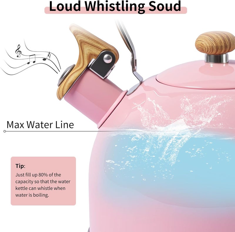 Lonffery Tea Kettle, 2.5 Quart Whistling Tea Kettle, Tea Pots for Stove Top Food Grade Stainless Steel with Wood Pattern Folding Handle - Pink - Image 3