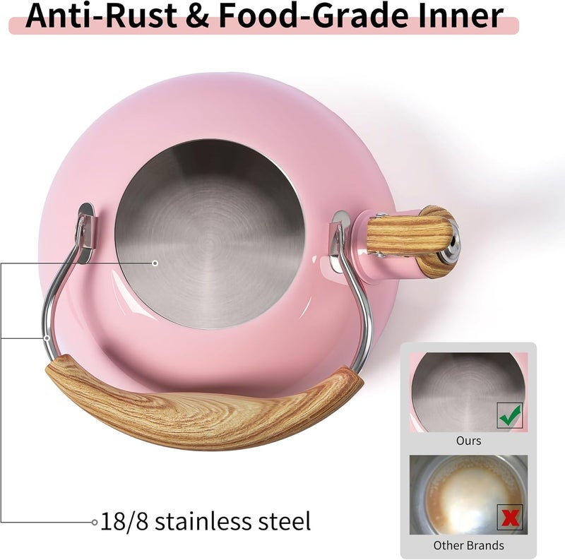 Lonffery Tea Kettle, 2.5 Quart Whistling Tea Kettle, Tea Pots for Stove Top Food Grade Stainless Steel with Wood Pattern Folding Handle - Pink - Image 2