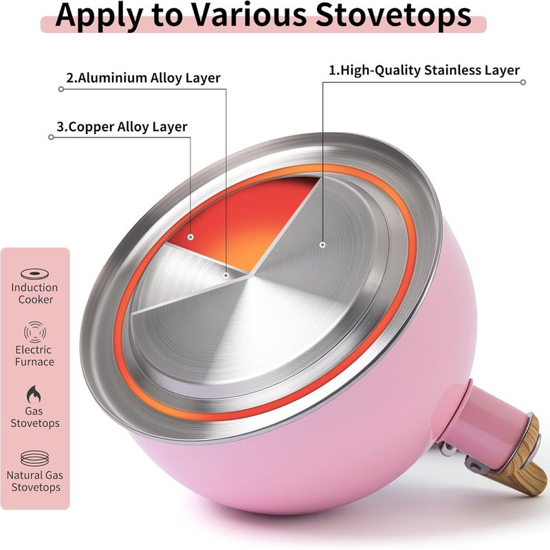 Lonffery Tea Kettle, 2.5 Quart Whistling Tea Kettle, Tea Pots for Stove Top Food Grade Stainless Steel with Wood Pattern Folding Handle - Pink - Image 5
