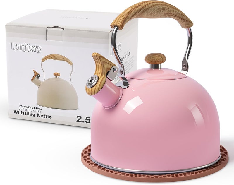 Lonffery Tea Kettle, 2.5 Quart Whistling Tea Kettle, Tea Pots for Stove Top Food Grade Stainless Steel with Wood Pattern Folding Handle - Pink - Image 1