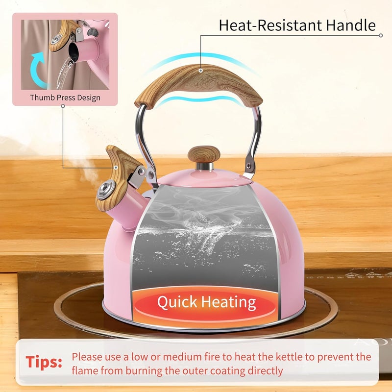 Lonffery Tea Kettle, 2.5 Quart Whistling Tea Kettle, Tea Pots for Stove Top Food Grade Stainless Steel with Wood Pattern Folding Handle - Pink - Image 4