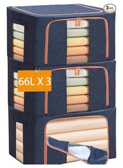 Large Capacity Clothes Storage Bags,Stackable Storage Organizer with Foldable Metal Frame, Zipper, Handles, Clear Window, Storage Container Box for Blanket Sweater Comforter Pillow (66L, Navy, 3Pack)