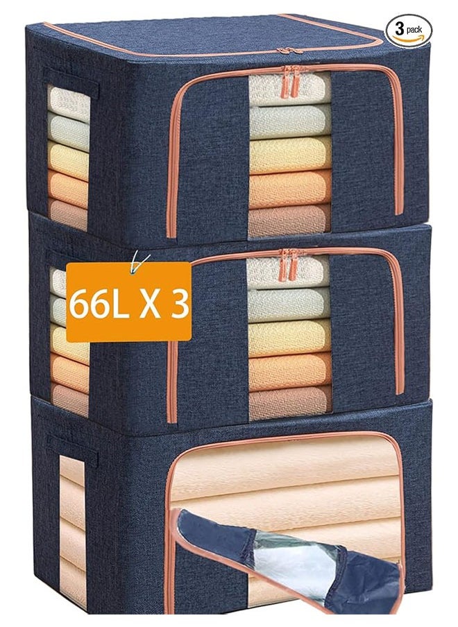 Hihonor - Large Capacity Clothes Storage Bags,Stackable Storage Organizer with Foldable Metal Frame, Zipper, Handles, Clear Window, Storage Container Box for Blanket Sweater Comforter Pillow (66L, Navy, 3Pack) - Image 1