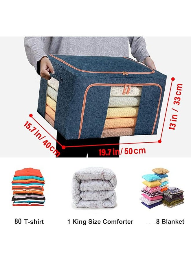 Hihonor - Large Capacity Clothes Storage Bags,Stackable Storage Organizer with Foldable Metal Frame, Zipper, Handles, Clear Window, Storage Container Box for Blanket Sweater Comforter Pillow (66L, Navy, 3Pack) - Image 1