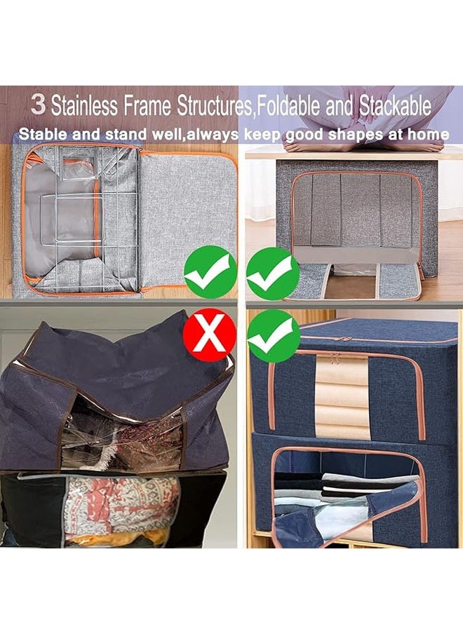 Hihonor - Large Capacity Clothes Storage Bags,Stackable Storage Organizer with Foldable Metal Frame, Zipper, Handles, Clear Window, Storage Container Box for Blanket Sweater Comforter Pillow (66L, Navy, 3Pack) - Image 1