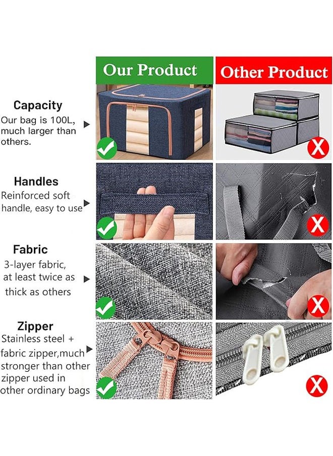 Hihonor - Large Capacity Clothes Storage Bags,Stackable Storage Organizer with Foldable Metal Frame, Zipper, Handles, Clear Window, Storage Container Box for Blanket Sweater Comforter Pillow (66L, Navy, 3Pack) - Image 1
