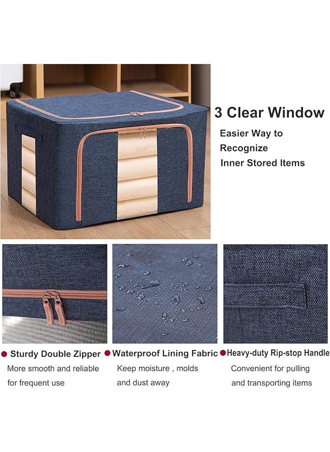 Hihonor - Large Capacity Clothes Storage Bags,Stackable Storage Organizer with Foldable Metal Frame, Zipper, Handles, Clear Window, Storage Container Box for Blanket Sweater Comforter Pillow (66L, Navy, 3Pack) - Image 1