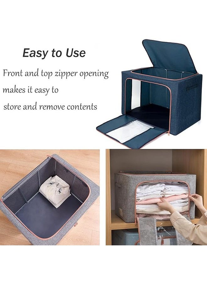 Hihonor - Large Capacity Clothes Storage Bags,Stackable Storage Organizer with Foldable Metal Frame, Zipper, Handles, Clear Window, Storage Container Box for Blanket Sweater Comforter Pillow (66L, Navy, 3Pack) - Image 1
