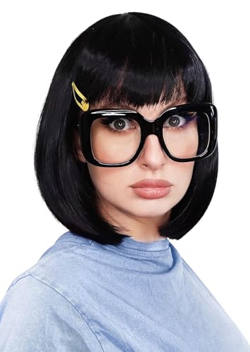 ALLAURA Tina Belcher Wig Black Glasses Yellow Hair Clip Set Edna Black Bob Wig Compatible with Tina Belcher Costume Adult