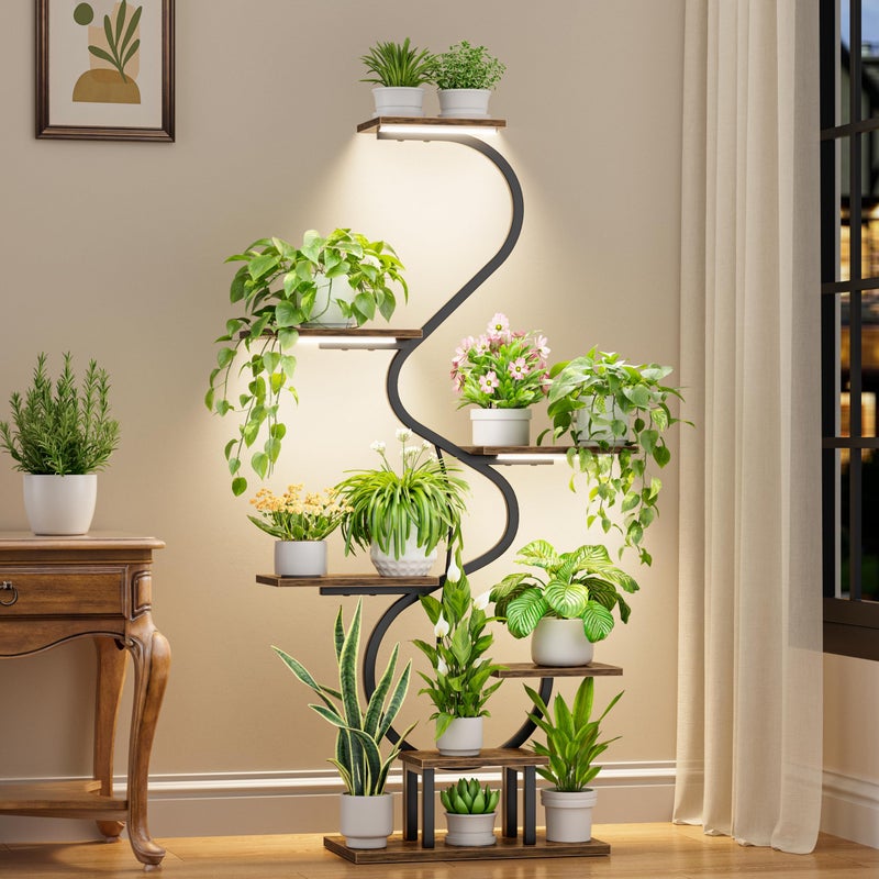 CODACE Plant Stand Indoor with Grow Lights Tall Corner Plant Shelf 7 Tiered Plant Stands for Indoor Plants Metal Flower Plant Rack CurvedShaped Inoor Plant Holder for Living Room PatioBlack