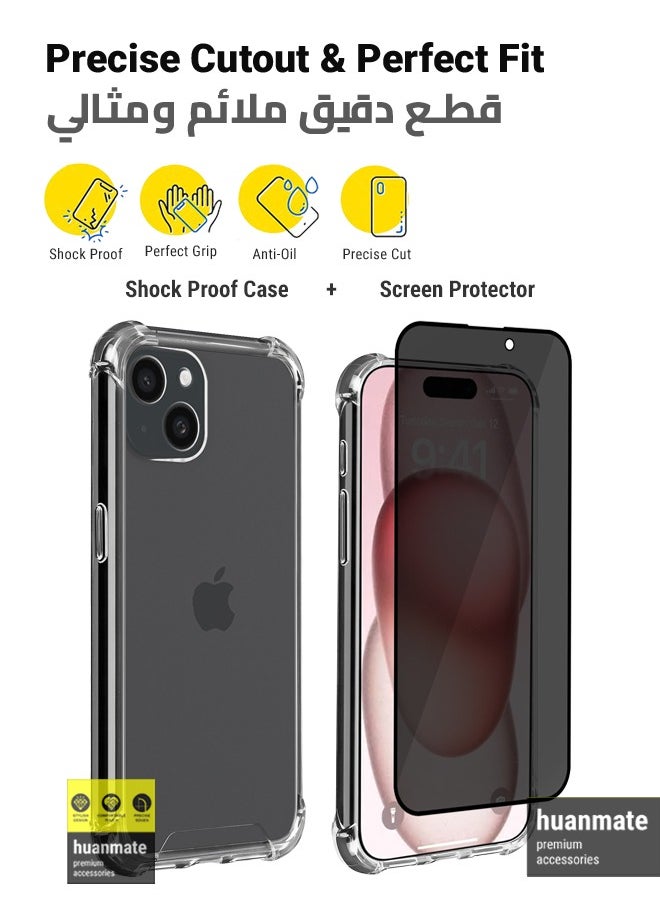 huanmate - 2 in 1 Protection Pack Of Case Cover With Privacy Screen Protector For Apple iPhone 15 Black/Clear - Image 1