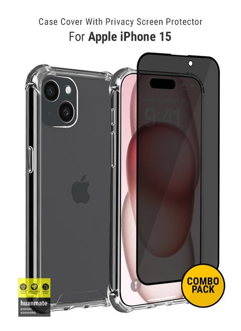 2 in 1 Protection Pack Of Case Cover With Privacy Screen Protector For Apple iPhone 15 Black/Clear