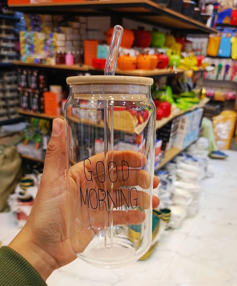 Glass Mason Jar with Wooden Lid, Daisy Pattern, Good Morning Design, Insulated Drinking Cup with Straw - Image 1