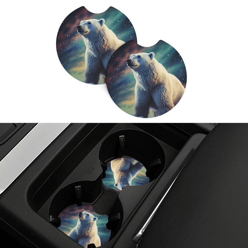 Northern Lights Polar Bear Car Cup Holder Coaster 2 Pcs Non Slip Absorbent Rubber Mat Universal Vehicle Accessories - Image 2
