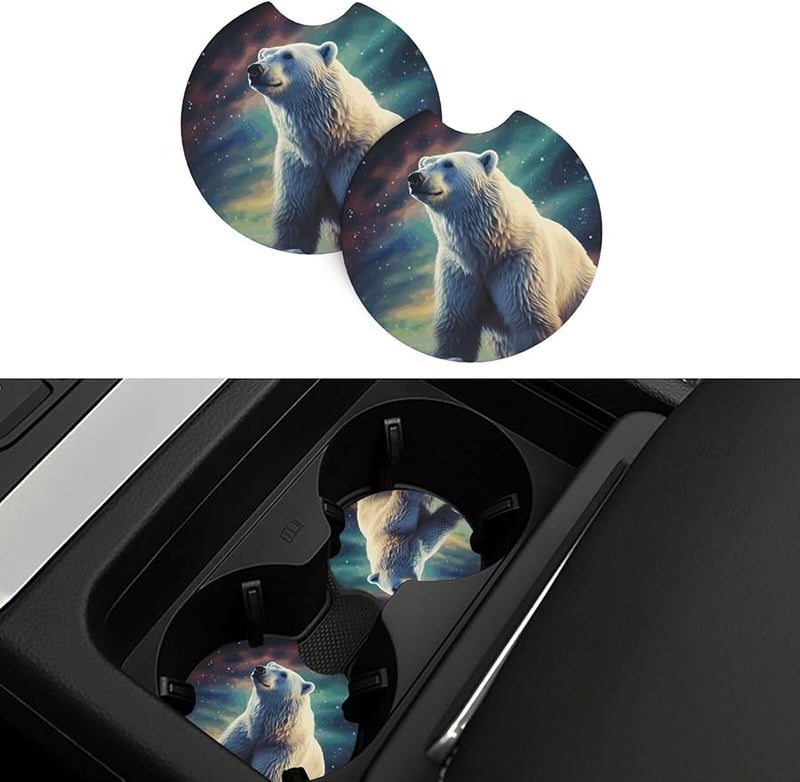 Northern Lights Polar Bear Car Cup Holder Coaster 2 Pcs Non Slip Absorbent Rubber Mat Universal Vehicle Accessories - Image 1